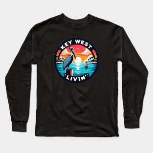Key West Livin' - Tropical Pelican Scene In Key West Long Sleeve T-Shirt